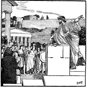 GREEK ASSEMBLY. Oration of Demosthenes. Wood engraving, American, 19th century