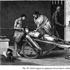 Greek physician. Galen ministering to gladiators wounded in the arena at Pergamum. Line engraving, 19th century