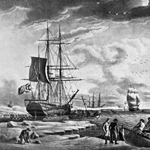 GREENLAND WHALING, 1789. The Greenland Whale Fishery. Aquatint, English, by Robert Dodd