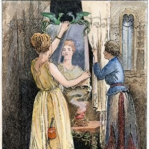 GRIMM: SNOW WHITE, c1890. Snow Whites royal stepmother consults her speaking mirror