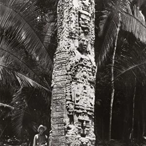 GUATEMALA: QUIRIGUA, c1912. American archaeologist Sylvanus G. Morley, beside a Mayan monument at Quirigua, Guatemala. Photograph, c1912