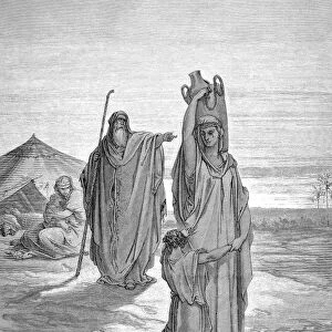 HAGAR & ISHMAEL. Hagar and Ishmael expelled by Abraham (Genesis 21: 14). Wood engraving, 19th century, after Gustave Dor