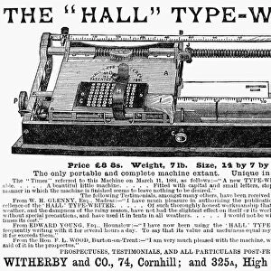 HALL TYPEWRITER, 1885. Advertisement for the American-made Hall typewriter. Line engraving, English, 1885