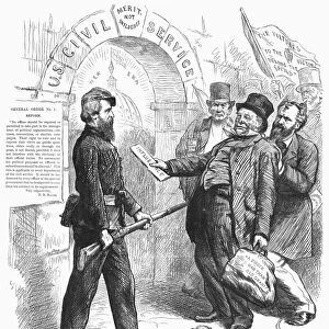 Halt! President Rutherford B. Hayes bars influence peddlers from entering U. S. Civil Service. American cartoon by C. S. Reinhart, 1877