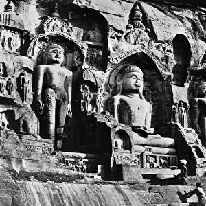The Happy Valley Gwaliq. Giant Buddhist figures cut in the rock, photographed by Samuel Bourne, 1860s