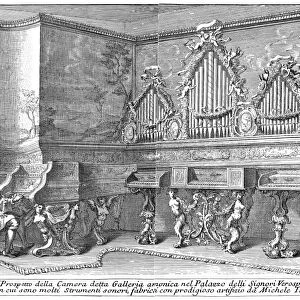 HARPSICHORD & SPINETS, 1723. Harpsichord and three spinets, made by Michele Todini (c1650-c1681). The instrument is playable separately or in combination from one keyboard. Copper engraving by Arnold van Westerhout, 1723