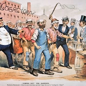 HARRISON CARTOON, 1888. An 1888 American cartoon suggesting the coercion of workers by their employers to vote for the Republican presidential candidate, Benjamin Harrison