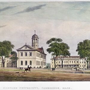 HARVARD UNIVERSITY, 1828. Harvard University in Cambridge Massachusetts. Color lithograph