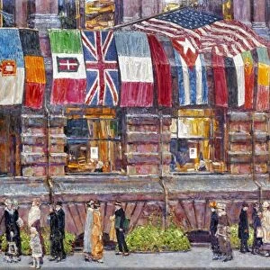 HASSAM: ALLIED FLAGS, 1917. Childe Hassam: Allied Flags, Union League Club. Oil on canvas, 1917. The man carrying a portfolio is the artist