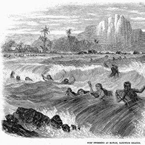 HAWAII: SWIMMING, 1866. Surf swimming at Hawaii. Wood engraving, 1866