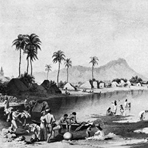 HAWAII: VILLAGE, 1857. Native villagers on Honolulu Beach with Diamond Head volcano