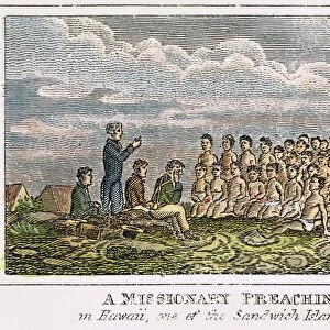 HAWAIIAN MISSIONARY, 1823. A missionary preaching in Hawaii in 1823. Line engraving, American, 1832