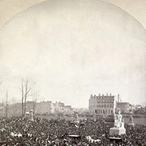 HAYES INAUGURATION, 1877. Crowds attending the inauguration of Rutherford B. Hayes as 19th President of the United States, 4 March 1877, on the east front grounds of the Capitol in Washington, D. C. with Horatio Greenoughs statue of George Washington seen at right