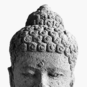 Head of Buddha. Javanese sculpture made from volcanic rock, Sailendra Dynasty, 9th century A. D