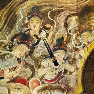 Heavenly attendants playing musical instruments. Detail from a Japanese silk screen painting, Heian Period, 12th century, Wakayama