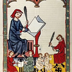 HEIDELBERG LIEDER, 14th C. The schoolmaster and minnesinger of Esslingen in an illumination from the early 14th century great Heidelberg Lieder manuscript illumination