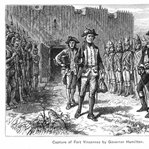 HENRY HAMILTON (d. 1796). British colonial administrator in America. Lt. Governor Hamilton (right) at the head of 800 men retaking Fort Sackville at Vincennes with its garrison of two Americans on 17 December 1778: line engraving, 19th century