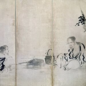 Hermit brothers who have given up their possessions for a life of contemplation. Screen painting, early 17th century, by Kano Naonobu