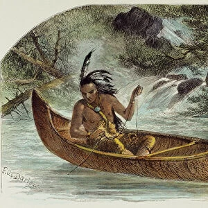 HIAWATHA FISHING FOR NAHMA. Hiawatha fishing for the sturgeon, Nahma: colored engraving