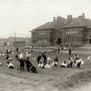 HINE: SCHOOL GARDEN, 1917. School children planting a large garden in the front