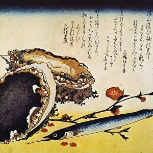 HIROSHIGE: COLOR PRINT. Awabi and Sayori (Oyster and Snipe-fish): Japanese Oban color print, 1832, by Hiroshige