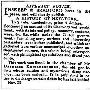 HISTORY OF NEW YORK, 1809. Publishers announcement. from New York Evening Post
