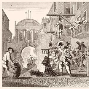 HOGARTH: HUDIBRAS. The Burning of the Rumps at Temple Bar: And to the Largest Bonfire Riding. They ve Roasted Cook Already, and Pride In. Fleet Street scene. Steel engraving after William Hogarth, 18th century