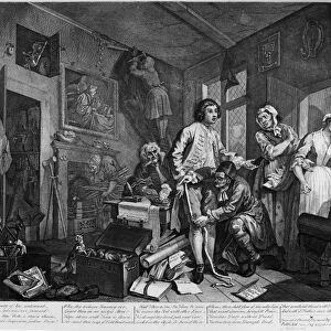 HOGARTH: RAKEs PROGRESS. The Heir. Etching and engraving after a the first painting in the series The Rakes Progress, depicting the decline of the character Tom Rakewell, by William Hogarth, 1735. Rakewell is being measured for new clothes after the death of his father as the servants mourn, he also rejects the hand of his pregnant fiancee at right