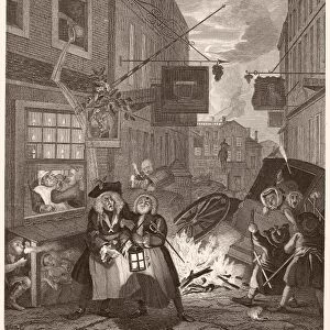 HOGARTH: FOUR TIMES OF DAY. Night. Steel engraving after the original, 1738, by William Hogarth