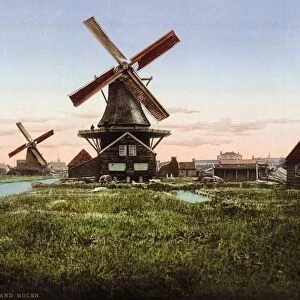 HOLLAND: WINDMILL. Scenic view two windmills in Holland. Photochrome print, c1890-1900