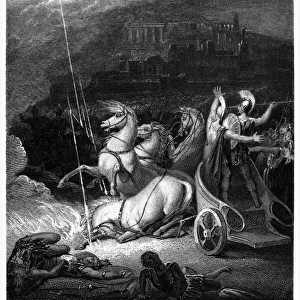 HOMER: THE ILIAD. The chariot of Nestor and Tydides (also known as Diomedes) thwarted in battle by Zeus lightning bolts. Steel engraving, English, c1830, after Richard Westall