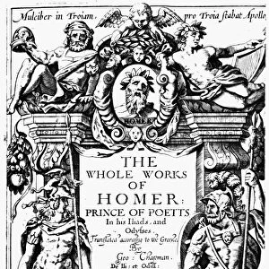 HOMER TITLE PAGE, 1616. Engraved title page by William Hole to the first edition of George Chapmans translation of The Whole Works of Homer, London, 1616