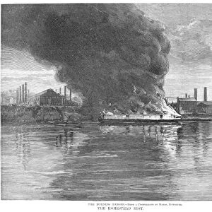 HOMESTEAD STRIKE, 1892. The Burning Barges. The attempt by strikers to burn the barges bringing Pinkerton agents to Homestead in July 1892. Wood engraving from a contemporary American newspaper