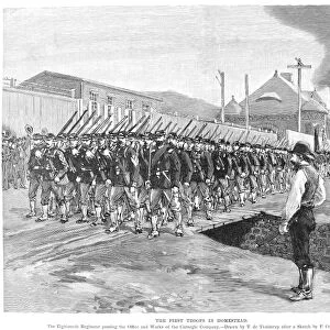 HOMESTEAD STRIKE, 1892. The First Troops in Homestead. The Eighteenth Regiment passing the Office and Works of the Carnegie Company. Wood engraving from a contemporary newspaper
