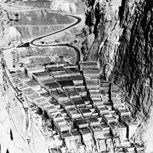 HOOVER DAM, 1934. Aerial view of the construction site of Hoover Dam on the Colorado River