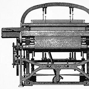 HORROCKSs POWER LOOM. Front view of William Horrockss power loom, developed in the early 19th century and used in the factories of Lowell, Massachusetts. Engraving, 19th century