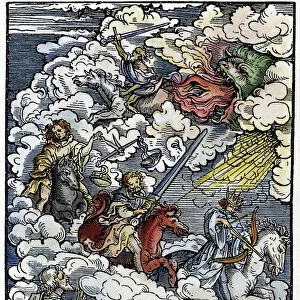 FOUR HORSEMEN. The Four Horsemen of the Apocalypse. Color woodcut, German, 1523