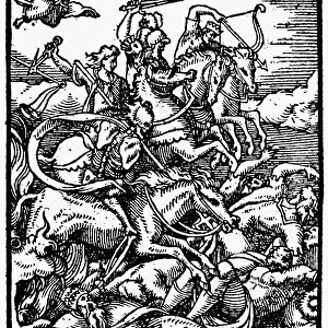 FOUR HORSEMEN. Four Horsemen of the Apocalypse. Woodcut, German, 1553
