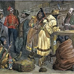 HUDSON BAY TRADING STORE in the Northwest Territory of Canada: colored engraving, 1888, after Frederic Remington