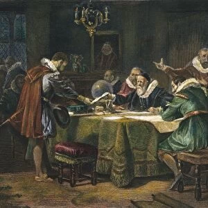 HUDSON: EAST INDIA COMPANY. Henry Hudson signing a contract with the Amsterdam Chamber of the Dutch East India Company on 8 January 1609 to search for a northeast passage to China. Steel engraving, American, 1870