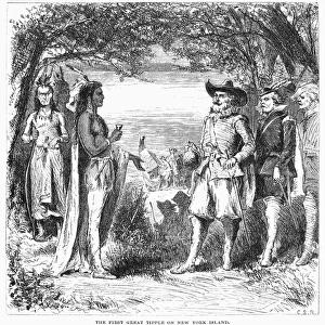 HUDSON AND NATIVE AMERICANS, 1609. Henry Hudson (d. 1611) shares brandy with natives of Manhattan Island at the beginning of his journey up the river which bears his name, September 1609. Wood engraving, American, 1876