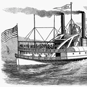 HUDSON RIVER STEAMBOAT. The riverboat Daniel Drew carrying passengers up the Hudson River. Wood engraving, English, c1840s