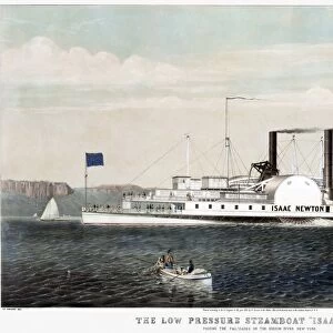 HUDSON RIVER STEAMSHIP. The low pressure steamboat Isaac Newton : passing the Palisades on the Hudson River, New York. Lithograph, 1855, by Currier & Ives