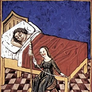 FOUR HUMORS: MELANCHOLIA. One of the four humors, Melancholia, according to physician Galen. Medieval manuscript illumination