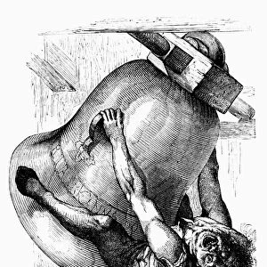 HUNCHBACK OF NOTRE DAME. Quasimodo, the hunchback bell ringer of Notre Dame de Paris in Victor Hugos novel, first published in 1831. Engraving after Adolphe Steinhell (?-1908)