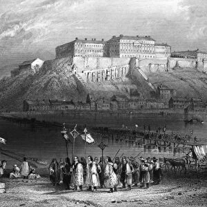 HUNGARY: PROCESSION. A procession of pilgrims beside the Danube River in Pest, Hungary. Steel engraving, English, 1844, after William Henry Bartlett