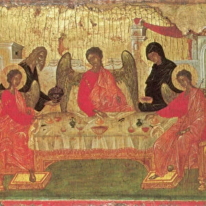 ICON: ABRAHAM & ANGELS. Abraham and Sarah serving the three angels in the grove of Mamre (Genesis 18: 1-15): Byzantine icon, late 14th century