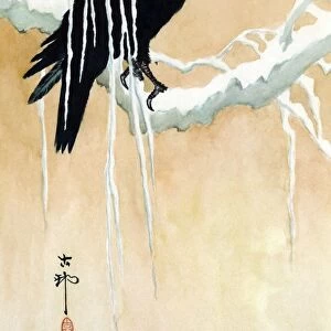 IKEDA: BLACKBIRD IN SNOW. Japanese woodcut by Koson Ikeda, c1885
