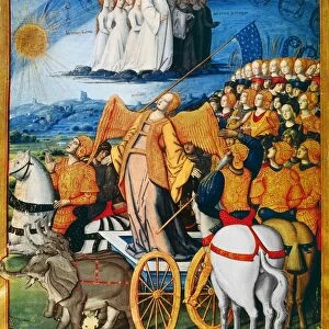 ILLUMINATION: PETRARCH. The Victory of Time over Glory [earthly souls pay homage to heavenly forces, before the ultimate reconciliation of heaven and earth]. Medieval illumination from Petrarch s
