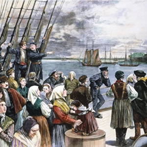 IMMIGRANTS ON SHIP, 1887. Immigrants on the steerage deck of an ocean steamer passing the Statue of Liberty in New York Harbor. Color engraving, 1887